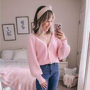 Vici Pearl Embellished Puff Sleeve Cardigan